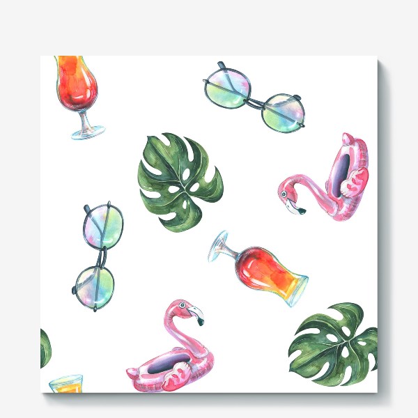Холст «Тропический принт с коктейлем, розовым фламинго, солнечными очками и листьями монстеры. Акварельный паттерн.»