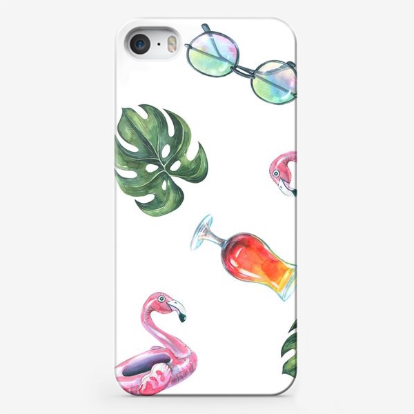 Чехол iPhone «Тропический принт с коктейлем, розовым фламинго, солнечными очками и листьями монстеры. Акварельный паттерн.»