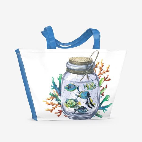 Пляжная сумка «Тропические рыбки в стеклянной банке с кораллами. Акварельная иллюстрация.»
