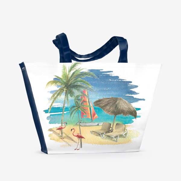 Пляжная сумка «Тропический пляж с яхтой, пальмами и розовыми фламинго. Акварель»