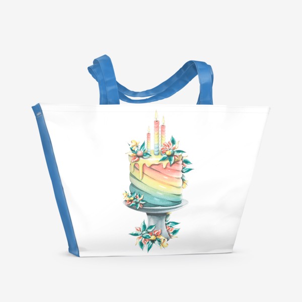 Пляжная сумка «Торт радуга со свечами и цветами. Акварельный»