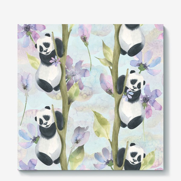Холст &laquo;Милые панды на деревьях с сиреневыми цветами. Акварельный паттерн.&raquo;
