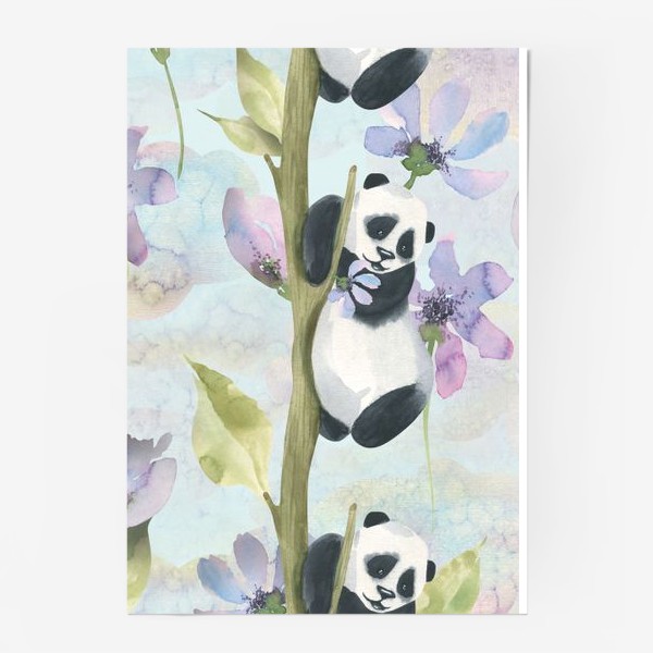 Постер «Милые панды на деревьях с сиреневыми цветами. Акварельный паттерн.»
