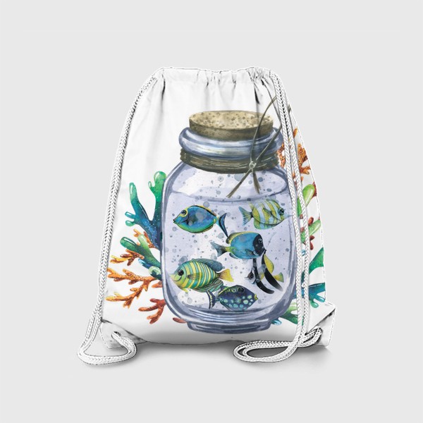 Рюкзак &laquo;Тропические рыбки в стеклянной банке с кораллами. Акварельная иллюстрация.&raquo;