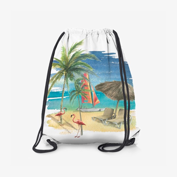 Рюкзак «Тропический пляж с яхтой, пальмами и розовыми фламинго. Акварель»