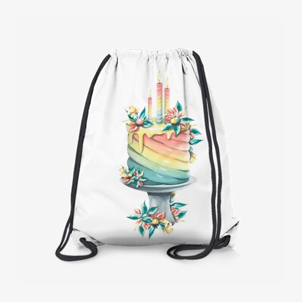 Рюкзак «Торт радуга со свечами и цветами. Акварельный»