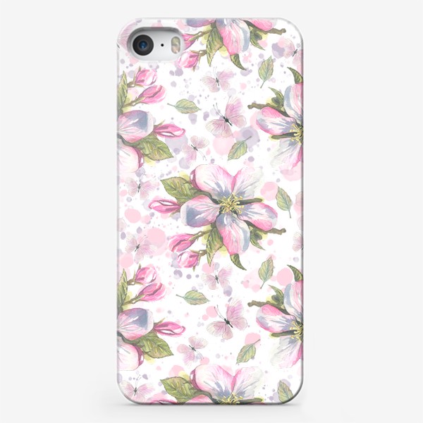 Чехол iPhone «Цветы яблони с бабочками на белом фоне. Акварельный паттерн.»