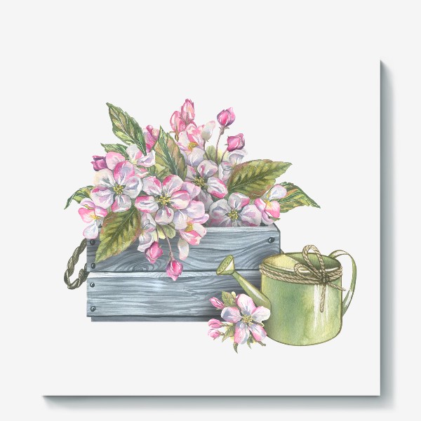 Холст «Яблоневые цветы в деревянном ящике с лейкой. Акварель.»