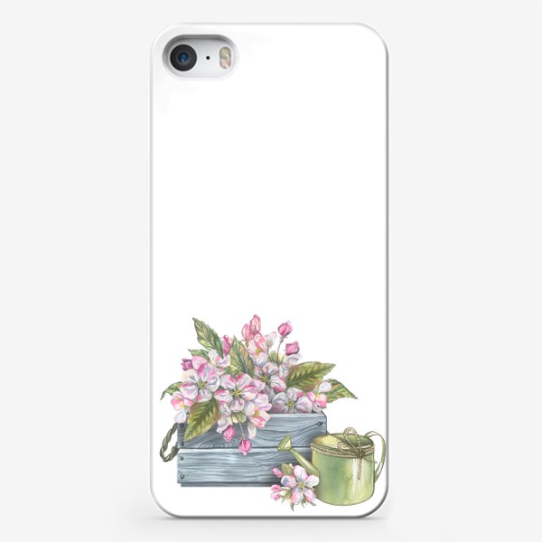 Чехол iPhone «Яблоневые цветы в деревянном ящике с лейкой. Акварель.»