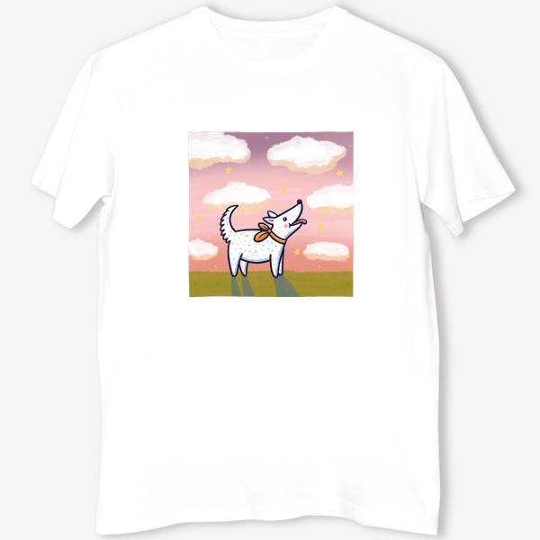 Футболка «Белая собака на фоне заката»