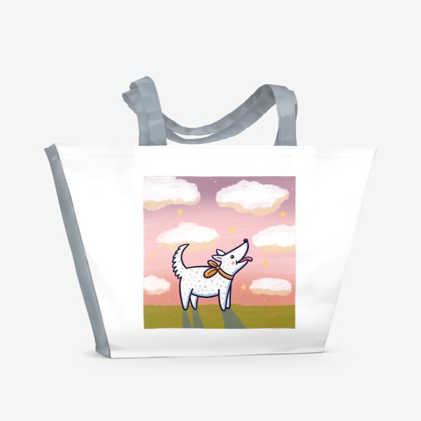 Пляжная сумка «Белая собака на фоне заката»