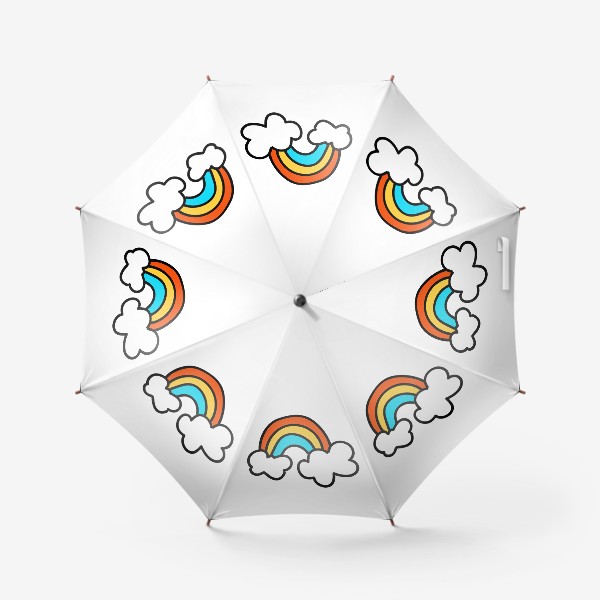 Зонт «Радуга с облаками. милый детский элемент лета РАдуга из трех красных, желтых и голубой полосок, с белыми облаками»