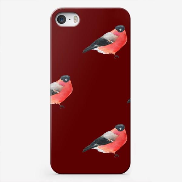 Чехол iPhone «Акварельный снегирь на красном, паттерн»