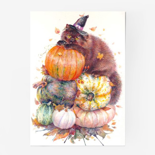 Постер «, Хеллоуин,котик,маг,тыквы ,осенние листья»