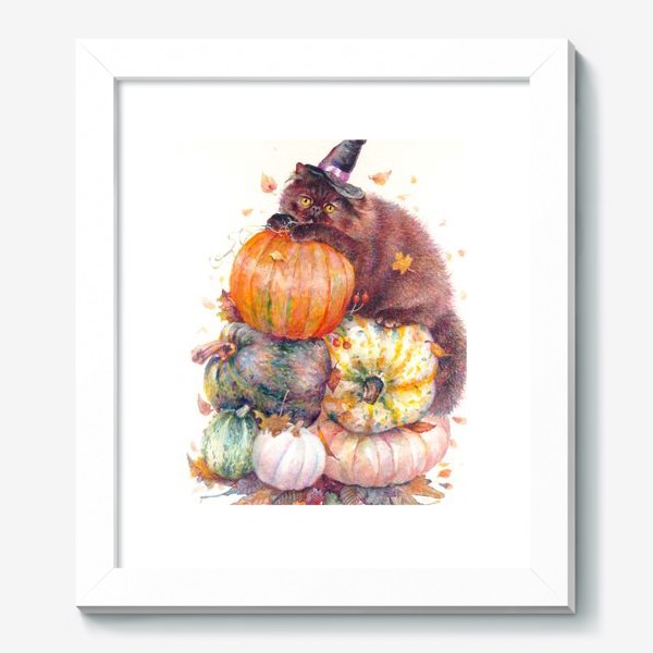 Картина «, Хеллоуин,котик,маг,тыквы ,осенние листья»