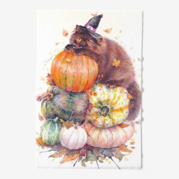 Полотенце &laquo;, Хеллоуин,котик,маг,тыквы ,осенние листья&raquo;