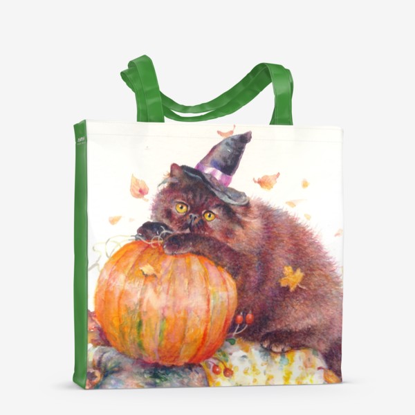 Сумка-шоппер «, Хеллоуин,котик,маг,тыквы ,осенние листья»