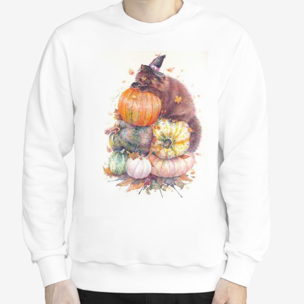 Свитшот &laquo;, Хеллоуин,котик,маг,тыквы ,осенние листья&raquo;