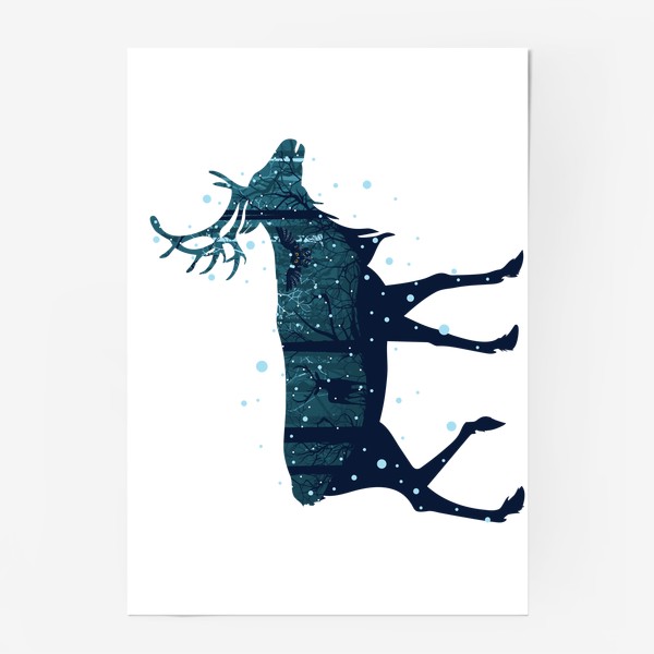 Постер «Зимний лес в силуэте прогуливающегося оленя»