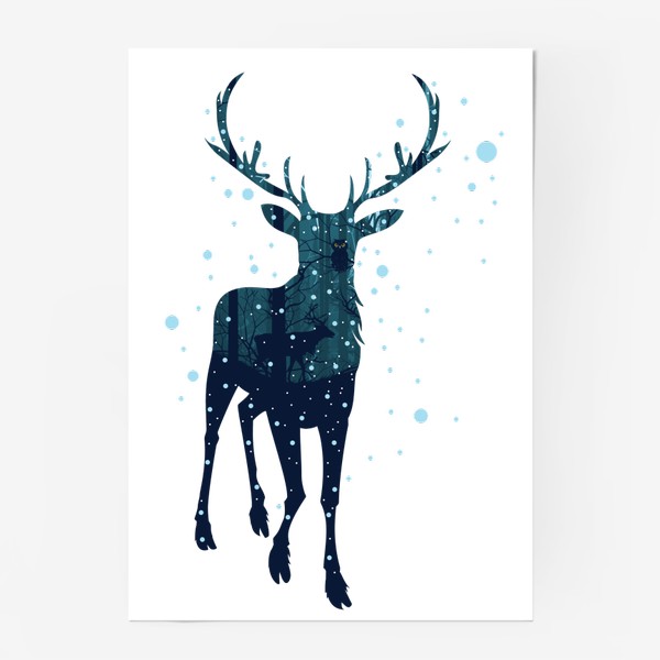 Постер «Зимний лес в силуэте оленя»