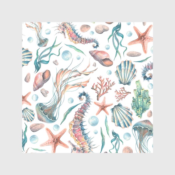 Скатерть «Морской паттерн, медузы, ракушки, кораллы, морской конек. Акварель.»