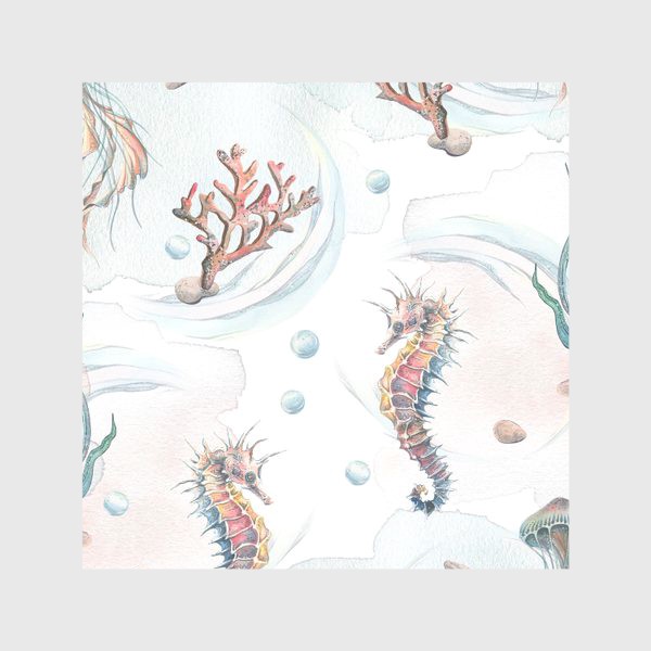 Скатерть &laquo;Морской, акварельный паттерн с морским коньком, медузой и кораллами.&raquo;