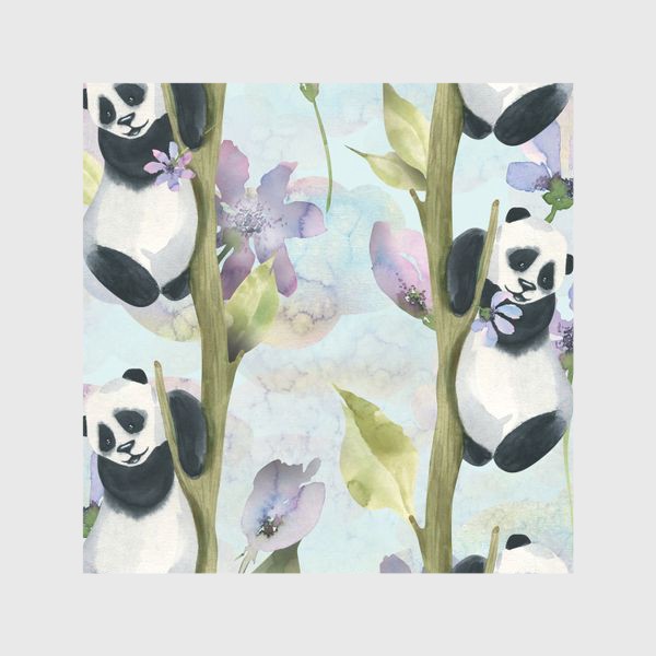 Шторы &laquo;Милые панды на деревьях с сиреневыми цветами. Акварельный паттерн.&raquo;