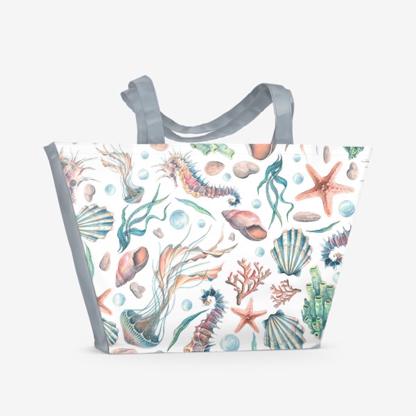 Пляжная сумка &laquo;Морской паттерн, медузы, ракушки, кораллы, морской конек. Акварель.&raquo;
