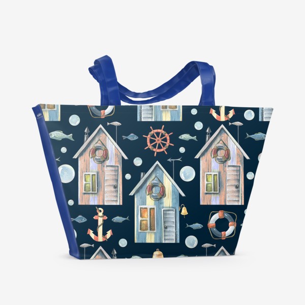 Пляжная сумка «Пляжные, рыбацкие домики с якорями, штурвалами и рыбками. Темный. Акварельный паттерн.»