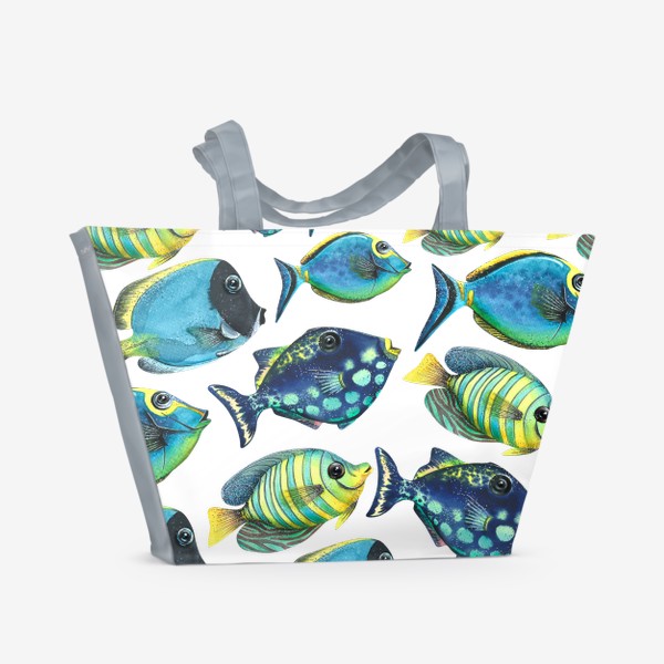 Пляжная сумка «Яркие тропические рыбки на белом фоне. Акварельный паттерн.»