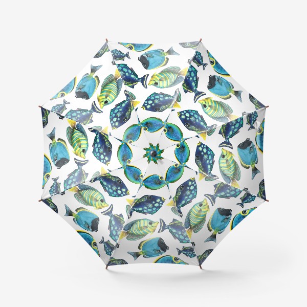 Зонт «Яркие тропические рыбки на белом фоне. Акварельный паттерн.»