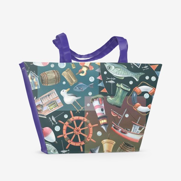 Пляжная сумка «Морской паттерн с маяком, корабликом, рыбками. Темный, акварельный.»