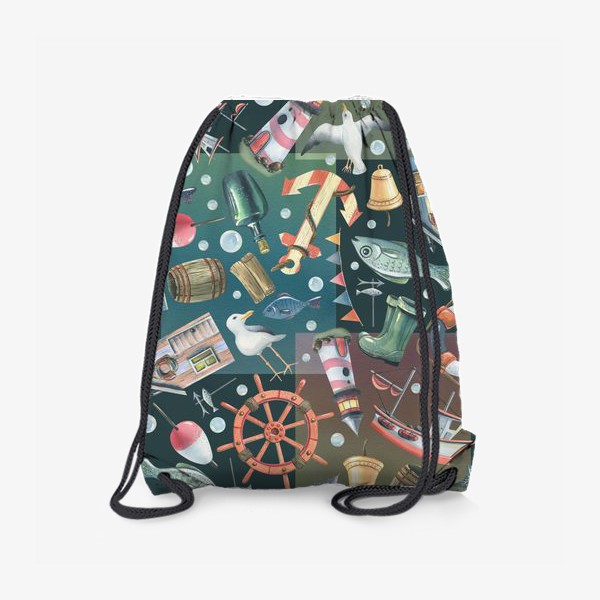 Рюкзак «Морской паттерн с маяком, корабликом, рыбками. Темный, акварельный.»