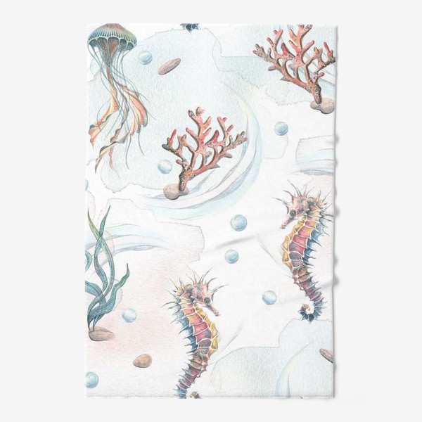 Полотенце &laquo;Морской, акварельный паттерн с морским коньком, медузой и кораллами.&raquo;