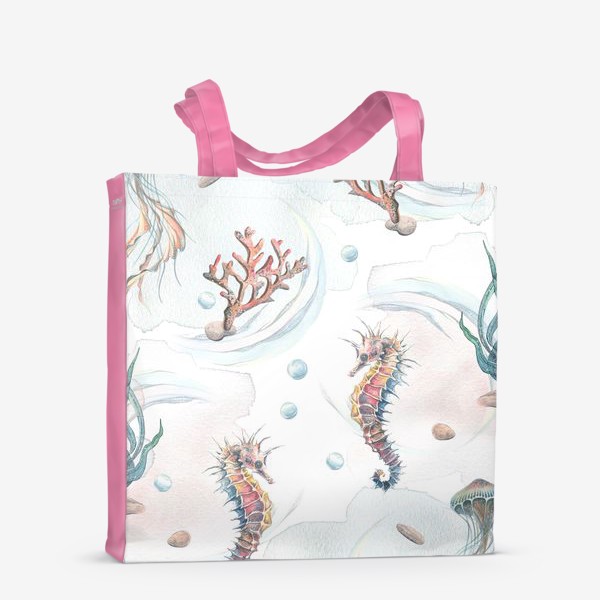 Сумка-шоппер «Морской, акварельный паттерн с морским коньком, медузой и кораллами.»