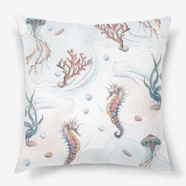 Подушка &laquo;Морской, акварельный паттерн с морским коньком, медузой и кораллами.&raquo;