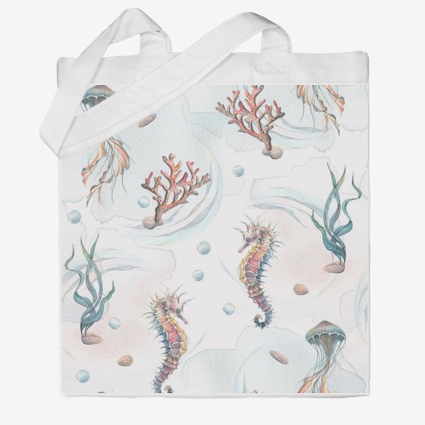 Сумка хб «Морской, акварельный паттерн с морским коньком, медузой и кораллами.»