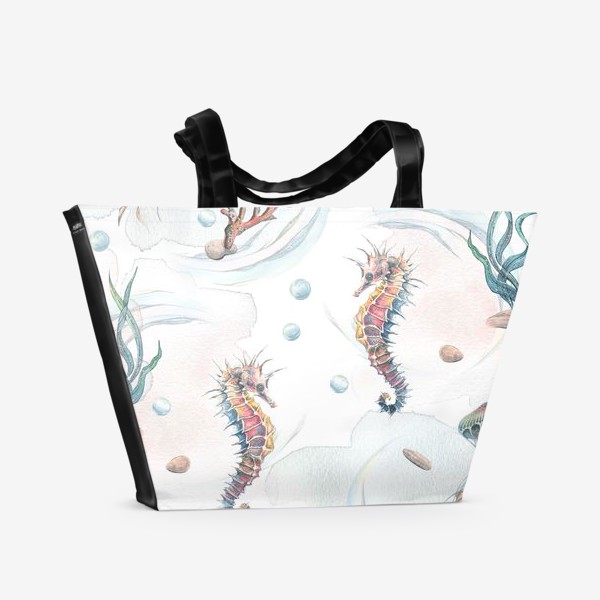 Пляжная сумка «Морской, акварельный паттерн с морским коньком, медузой и кораллами.»