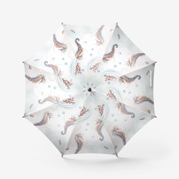 Зонт &laquo;Морской, акварельный паттерн с морским коньком, медузой и кораллами.&raquo;