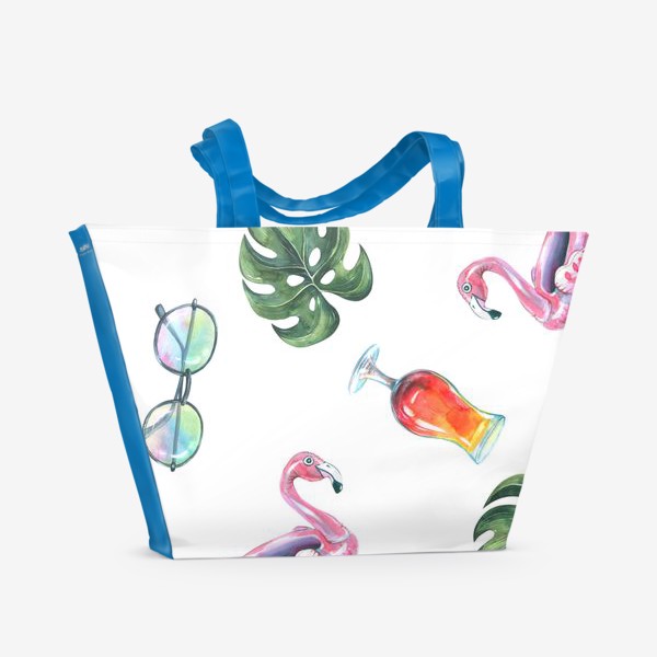 Пляжная сумка &laquo;Тропический принт с коктейлем, розовым фламинго, солнечными очками и листьями монстеры. Акварельный паттерн.&raquo;