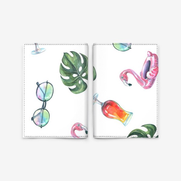 Обложка для паспорта «Тропический принт с коктейлем, розовым фламинго, солнечными очками и листьями монстеры. Акварельный паттерн.»