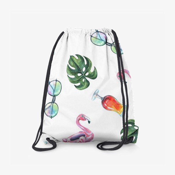 Рюкзак «Тропический принт с коктейлем, розовым фламинго, солнечными очками и листьями монстеры. Акварельный паттерн.»