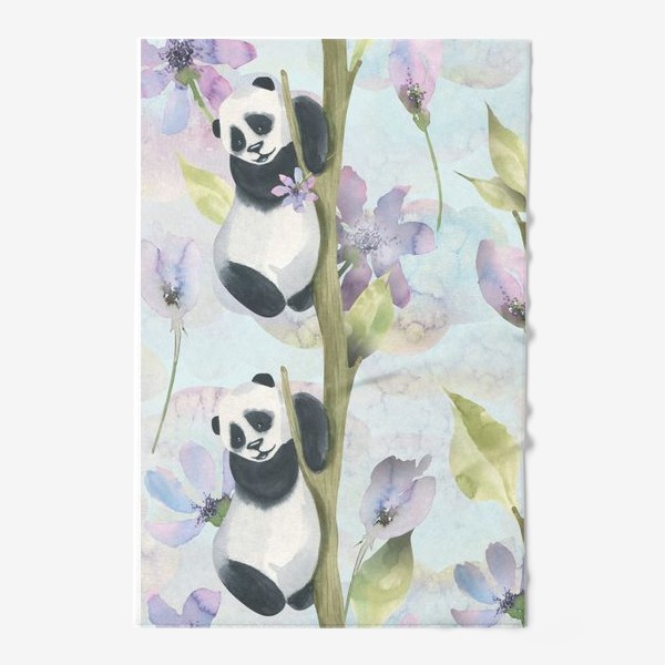 Полотенце «Милые панды на деревьях с сиреневыми цветами. Акварельный паттерн.»