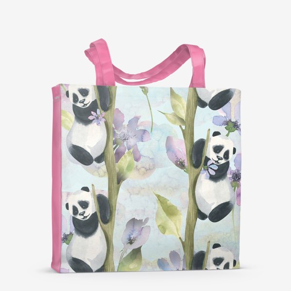 Сумка-шоппер &laquo;Милые панды на деревьях с сиреневыми цветами. Акварельный паттерн.&raquo;