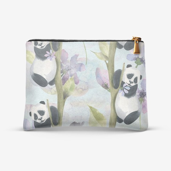 Косметичка «Милые панды на деревьях с сиреневыми цветами. Акварельный паттерн.»