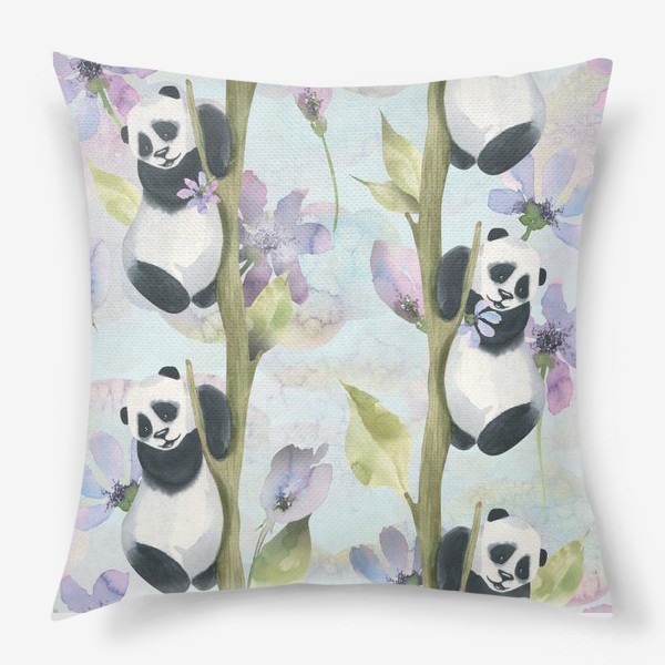 Подушка &laquo;Милые панды на деревьях с сиреневыми цветами. Акварельный паттерн.&raquo;