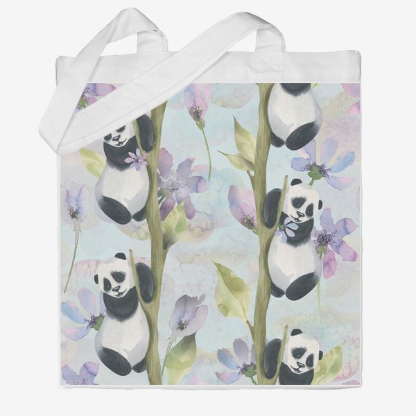 Сумка хб «Милые панды на деревьях с сиреневыми цветами. Акварельный паттерн.»