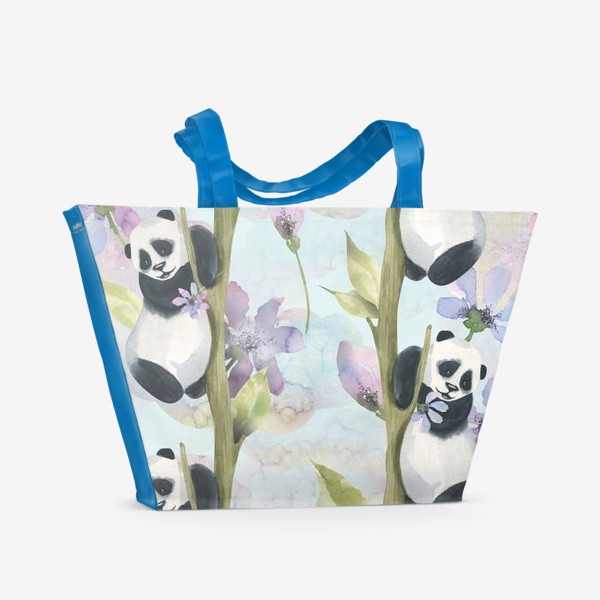 Пляжная сумка &laquo;Милые панды на деревьях с сиреневыми цветами. Акварельный паттерн.&raquo;