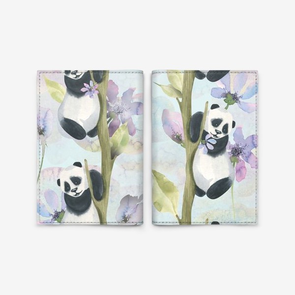 Обложка для паспорта «Милые панды на деревьях с сиреневыми цветами. Акварельный паттерн.»