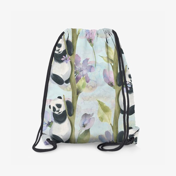 Рюкзак «Милые панды на деревьях с сиреневыми цветами. Акварельный паттерн.»